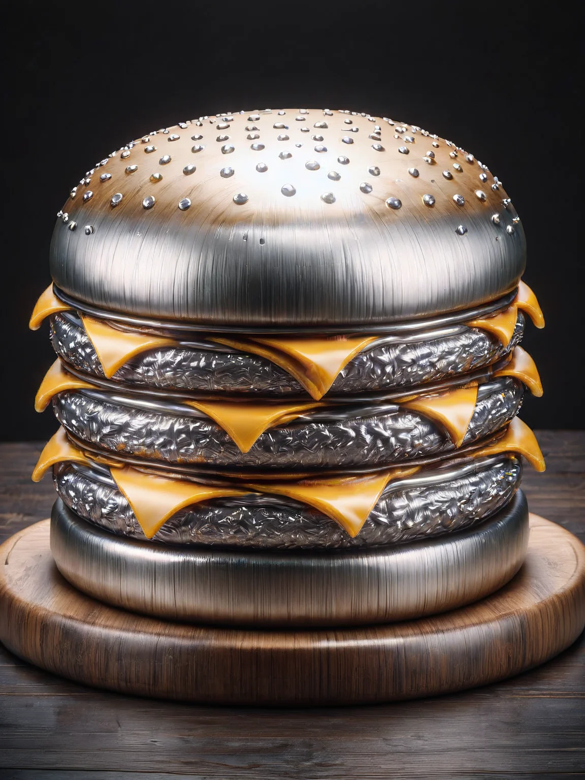 An ais-steelz cheeseburger, the latest creation from Salt Bae, on display on a dark oak table <lora:Brushed_Steel_Style_SDXL:1>