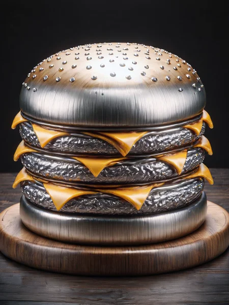 An ais-steelz cheeseburger, the latest creation from Salt Bae, on display on a dark oak table <lora:Brushed_Steel_Style_SDXL:1>