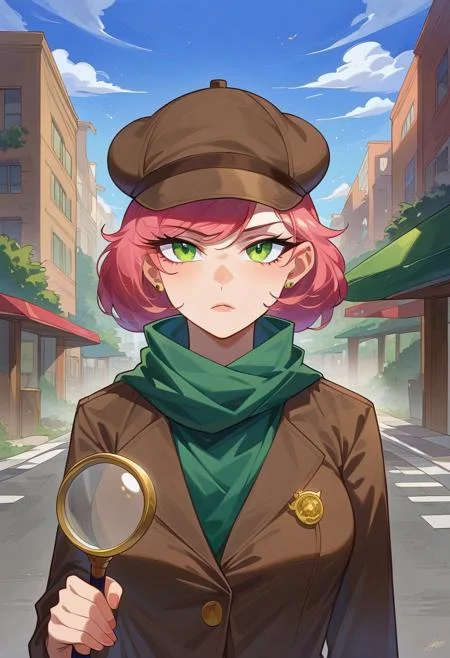 Masterpiece, High quality, OC, Female Adult woman, solo, 1girl, Detective woman, Short pink hair, Green eyes, Long Brown detective coat, brown Detective deerstalker hat, green scarf, black pants, serious face expression, looking through magnifying glass, Bending downward, Brooklyn streets, nighttime, Tall light pols, Fog