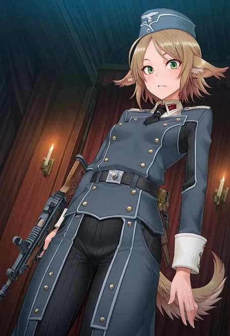 (1girl, solo) noa riads, animal ears, Green Eyes, tail, brown hair, short hair, Pretty eyes, , 1girl, solo,, brown hair,, fluffy tail, ahoge, animal ears, dog ears, small breasts, swept bangs , green eyes, animal ears, tail, , ,
Eye focus , shiny skin, shiny body, shiny hair, (best quality) , (highly detailed) ,((masterpiece)), ((best quality)), (ultra-detailed), ((extremely detailed)), (high resolution), 4K, (8K), best quality, (beautiful), (dynamic lighting), (super detailed skin), sharp focus,detailed eyes、detailed face and detailed skin detailed eyes、detailed face and detailed skin, , clear skin, shiny hair, ultra detailed eyes, depth of field, sharp, intricate details, hyperdetailed, ,
, best quality, (beautiful), (dynamic lighting),solo, standing, looking at viewer, uniform, military uniform, helmet, submachine gun,, wehr, , <lora:German_Soldiers_And_Officers__World_War_2:1>, Shindol style, <lora:ShindoL:0.2>