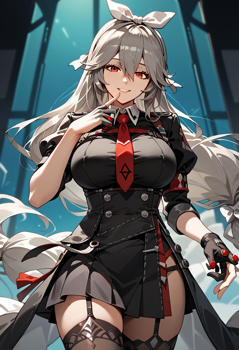 score_9,score_8_up,score_7_up,source_anime,ALEXANDRINA_SEBASTIANE,1girl,solo,long hair,breasts,looking at viewer,smile,bangs,skirt,large breasts,shirt,red eyes,thighhighs,gloves,bow,hair between eyes,very long hair,hair bow,grey hair,hairband,necktie,black gloves,collared shirt,black thighhighs,fingerless gloves,black skirt,black shirt,feet out of frame,garter straps,white bow,red necktie,finger to mouth,single glove,half gloves,shushing,
