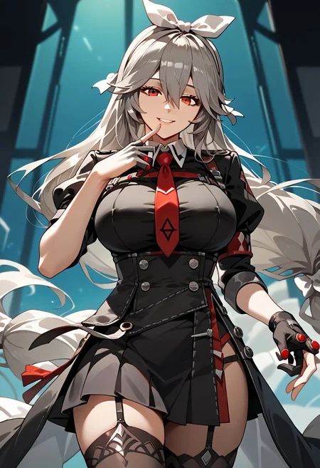 score_9,score_8_up,score_7_up,source_anime,ALEXANDRINA_SEBASTIANE,1girl,solo,long hair,breasts,looking at viewer,smile,bangs,skirt,large breasts,shirt,red eyes,thighhighs,gloves,bow,hair between eyes,very long hair,hair bow,grey hair,hairband,necktie,black gloves,collared shirt,black thighhighs,fingerless gloves,black skirt,black shirt,feet out of frame,garter straps,white bow,red necktie,finger to mouth,single glove,half gloves,shushing,