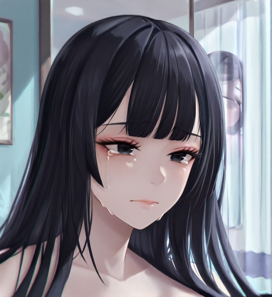 <lora:MIHO:1.3>,1girl, (kaguya hime:0.9), huge breasts, wide hips, kaguya-hime no monogatari, asian, bad anatomy, black eyes, black hair, close-up, closed mouth, crying, crying with eyes open, expressionless, eyelashes, hatching (texture), light blue background, lips, long eyelashes, looking afar, loose hair strand, portrait, realistic, reflection, sidelighting, single tear, solo, straight hair, tearing up, tears, 
very awa, masterpiece, best quality, highres, absurdes,amazing quality,very aesthetic,intricate details, <lora:hand 5.5:1>