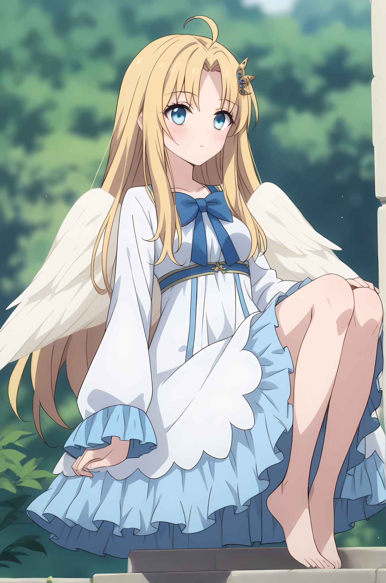 (white dress blue bowtie:1.40), sh-filo, white wings, long hair, parted bangs, ahoge, hair ornament, blue eyes, 1girl, solo, skinny, (score_9, score_8_up, score_8, score_7_up), score_7, score_6_up, score_6, source_anime,
(blush:1.20),
(outdoors:1.20),
(0.2:close-up depth of field:1.30),
(:1.30), <lora:sh-filo-V01-000003:0.80>, (medium breasts), [bare legs, barefoot]
