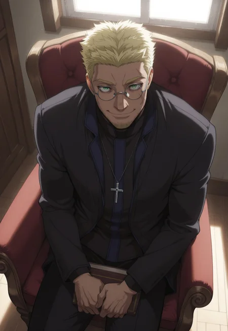 masterpiece, best quality, very aesthetic,
AlexanderAnderson, 1boy, solo, blonde hair, short hair, facial hair, green eyes, scar on cheek, glasses, cross necklace, black jacket, black pants, holding book, sitting, on chair, smiling, looking at viewer, perspective, bedroom, sunlight,