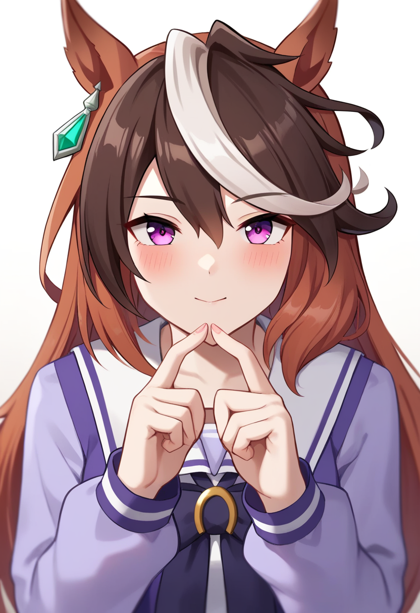 score_9,score_8_up,score_7_up,<lora:fumamusume_all:1>,1girl, blush, brown_hair, commentary_request, finger_heart, hair_between_eyes, highres, horse_ears, horse_girl, horseshoe_ornament, long_hair, long_sleeves, looking_at_viewer, purple_eyes, purple_serafuku, purple_shirt, sailor_shirt, solo, streaked_hair, symboli_rudolf_\(umamusume\), tracen_school_uniform, white_bowtie, white_hair