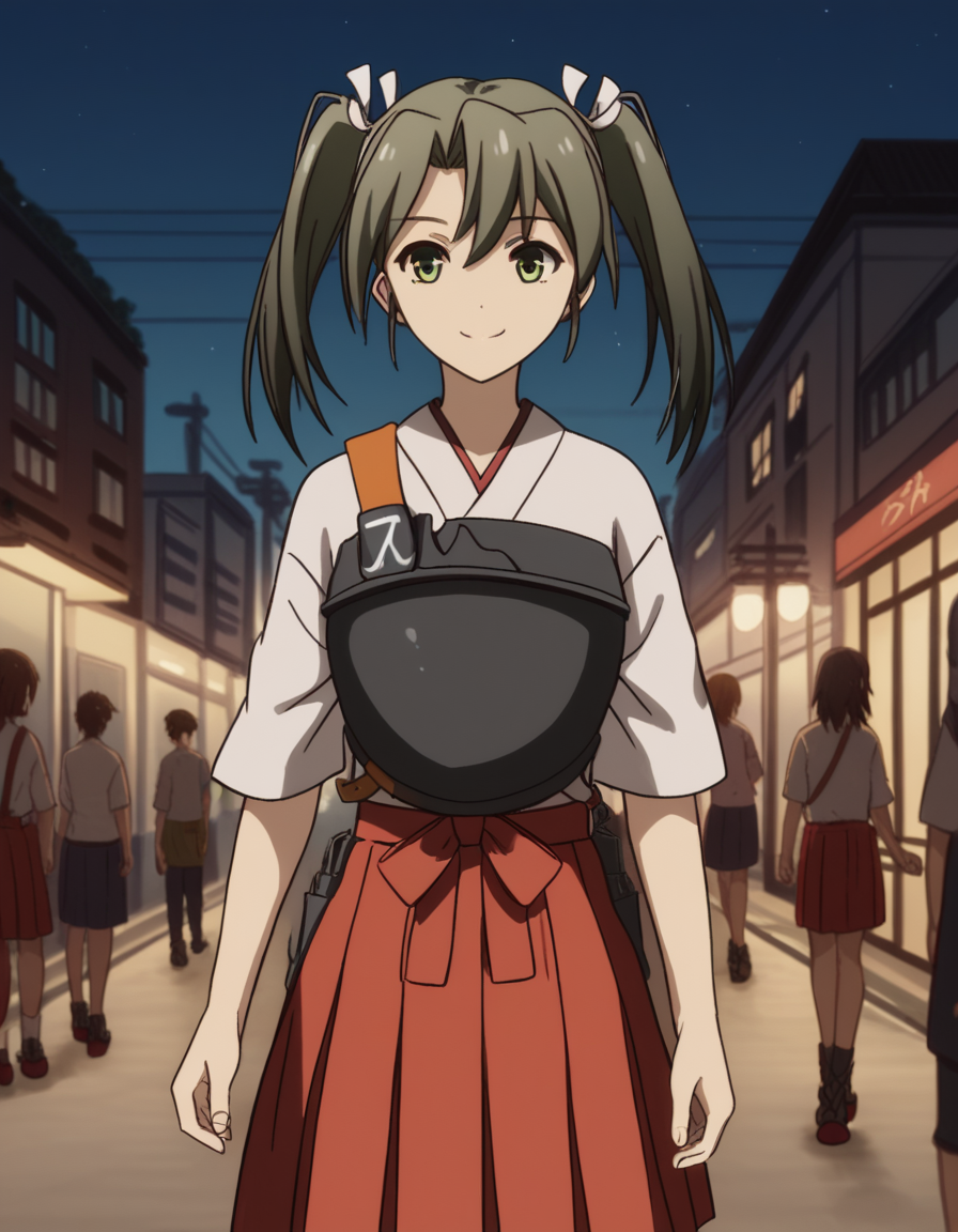 score_9, score_8_up, score_7_up, source_anime, <lora:kacolle-zuikaku-s1-ponyxl-lora-nochekaiser:1>, zuikaku, long hair, ribbon, twintails, green eyes, hair ribbon, zuikaku (kancolle), skirt, japanese clothes, muneate, red skirt, pleated skirt,, city street, evening, streetlights, walking dog, quiet neighborhood, gentle breeze, smile, , smile, solo,, cowboy shot, dutch angle