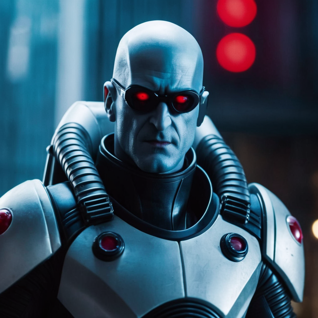 cinematic film still of  <lora:Mr. Freeze:1.2>
Mr. Freeze a man in a suit with red eyes In Gotham City, shallow depth of field, vignette, highly detailed, high budget, bokeh, cinemascope, moody, epic, gorgeous, film grain, grainy