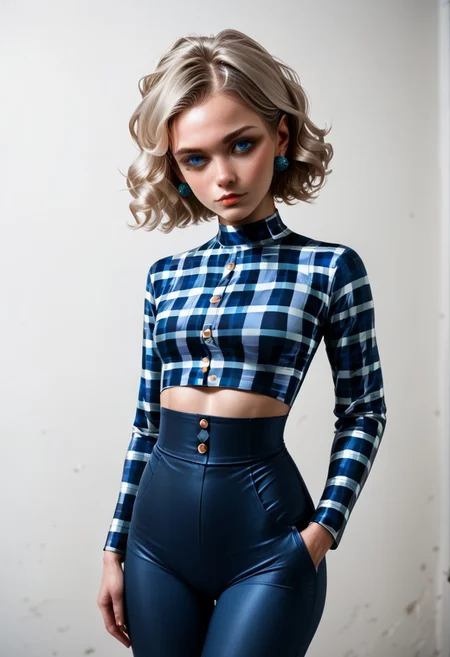 score_9, score_8_up, score_7_up, score_6_up, score_5_up, score_4_up,, hyperrealistic, photograph, full color, solo, 1girl, female, short hair, platinum blonde hair, swept bangs, wavy hair, voluminous hair, diamond earrings, hair behind ear, marine blue eyes, detailed eyes, slim hands, BREAK, (plaid_clothes:1.9), crop top, (light blue plaid pattern top:1.2), top without buttons or zippers, long sleeves, very tight top, midriff, navel, tight high-waist pants, (blue plaid pattern pants:1.2), matching outfit, BREAK, confident expression, head tilt, hand in pocket, hips tilted sideward, BREAK, hard shadows on wall, shading, directed light from side and top, simple background, light blue background, looking away, model, modeling