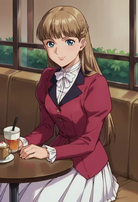 score_9,score_8_up,score_7_up,score_6_up,score_5_up,score_4_up,anime coloring BREAK source_anime,anime,<lora:Relena_Darlian_Gundam_Wing_Pony:0.8>,relena,1girl,solo,blue eyes,brown hair,long hair,bangs,side braids,white shirt,bowtie,red jacket,juliet sleeves,pleated skirt,white skirt,sitting,smile,indoors,cafe,looking at viewer,