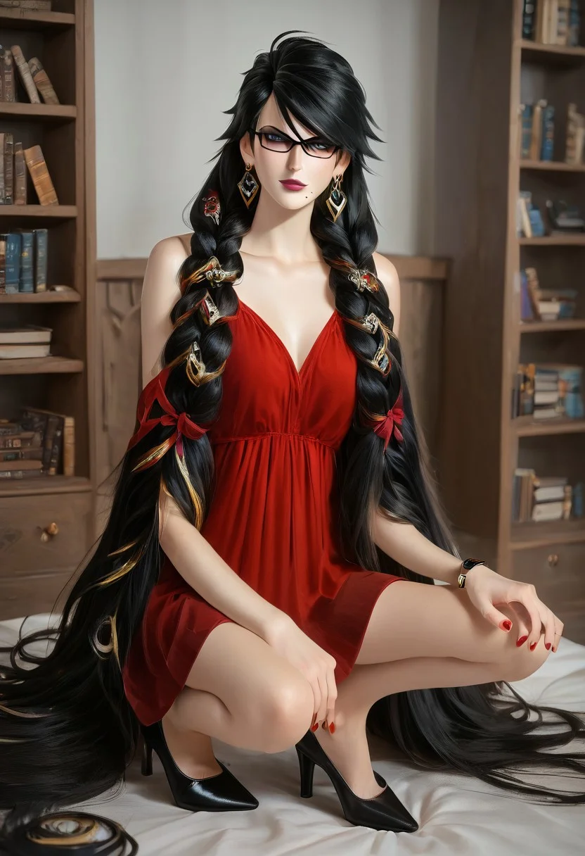 score_9, score_8_up, score_7_up, score_6_up, score_5_up, score_4_up,score_realitic,bright environment, (library:1.3),from front,white wall,(white sheets:1.3),in door,on bed,sharp photo,bayonetta from bayonetta 2, 1girl, angry face,solo, glasses, bayonetta, jewelry, black hair, high heels, earrings,, dress, squatting,mole under mouth,black footwear, mole, nail polish, lipstick, makeup, lips, red dress looking at viewer, full body, watch, breasts, alternate hairstyle, shoes, red nails, bayonetta, braid twintail, (black hair, hair over one eye, absurdly long hair, very long hair, floor length hair, twin braids:1.2, <lora:Realistic000003_1_2.5DAnime_0.05_Merge1:0.8>,<lora:bayonetta-000007:0.7>, <lora:Photo 2 Style SDXL_LoRA_Pony Diffusion V6 XL:0.6> <lora:GoodHands-vanilla:0.8>
