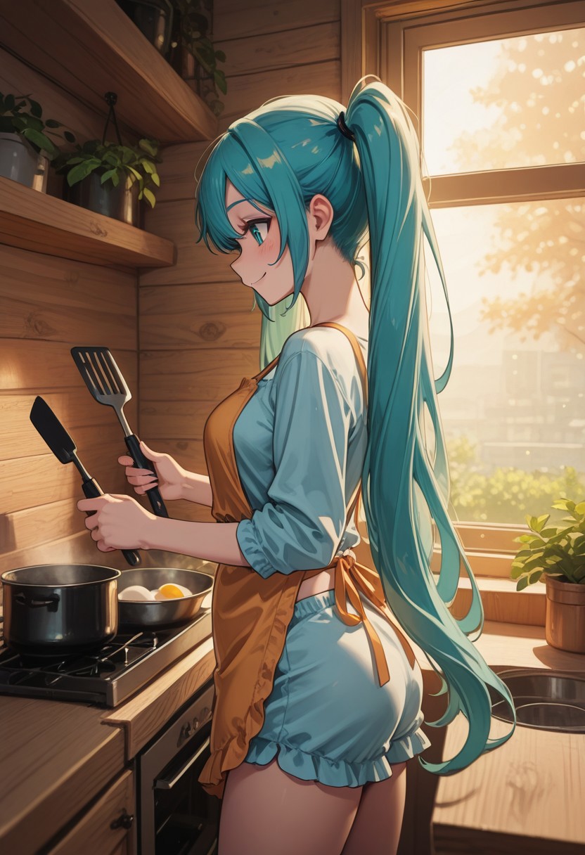 1girl, hatsune miku, loungewear, apron, casual wear, cooking, using egg spatula, smile,
c0zym0dernkitch3n, cozy kitchen, pan, cooking egg, window, plants, light wooden cabinets, morning, sunshine, bright, warm lighting,
side view, slightly above , from behind, detailed background, great lighting, 
masterpiece, best quality, newest, absurdres, highres, high quality, highly detailed