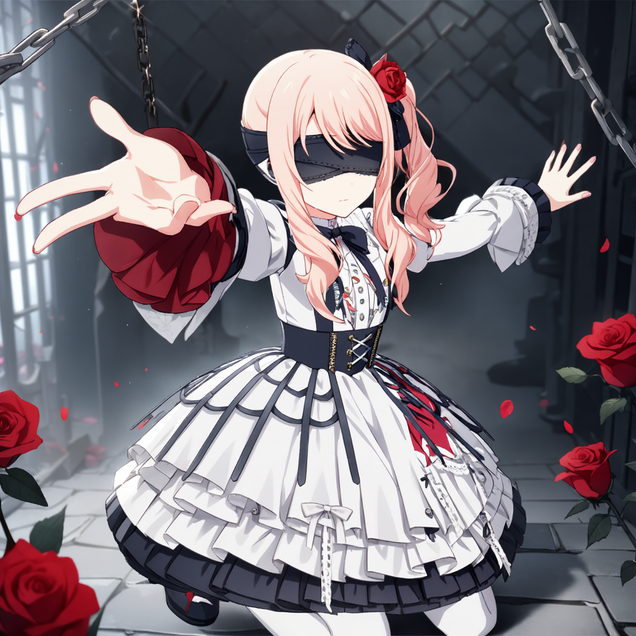 1girl, akiyama mizuki, project sekai, masterpiece, very aesthetic, absurdres, official art,
keikyoku mizuki, pink long hair, side ponytail, pink eyes, sidelocks, solo, tear drops, tears, crying,
looking at viewer, expressionless, closed mouth, sitting on floor, wariza, bending forward, arms up, (reaching towards viewer:1.4), outstretched fingers, BREAK
white frilled dress, long sleeves, blindfold, red hair flower, puffy sleeves, hair ornament, frills, white pantyhose, bow, juliet sleeves, rose, covered eyes, ribbon, hair bow, hair ribbon, black bow, layered dress, black ribbon, puffy long sleeves, black blindfold, frilled sleeves, white bow, buttons, wide sleeves, argyle, red rose, two-tone dress, lace, petticoat, 
jail, (dark, dark atmosphere:1.2), pink rose, thorn,  blurry background, dark mist, chain, 
 <lora:sdxl-25-KeikyokuMz01:0.9:lbw=0,0,0.2,0.2,0,0.4,0.4,0,0.8,0.8,0,0,0,0.8,0.8,0.6,0.8,0.0,0.0,0.0,0,0,0,0,0,0>