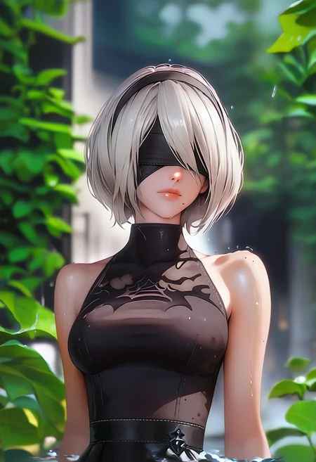score_9, score_8_up, score_7_up, 1girl, solo, breasts, short hair, dress, bare shoulders, medium breasts, closed mouth, upper body, white hair, hairband, sleeveless, mole, blurry, black dress, lips, wet, depth of field, blurry background, turtleneck, phone, cellphone, black hairband, wet clothes, mole under mouth, facing viewer, smartphone, rain, water drop, blindfold, wet hair, covered eyes, black blindfold, yorha no. 2 type b