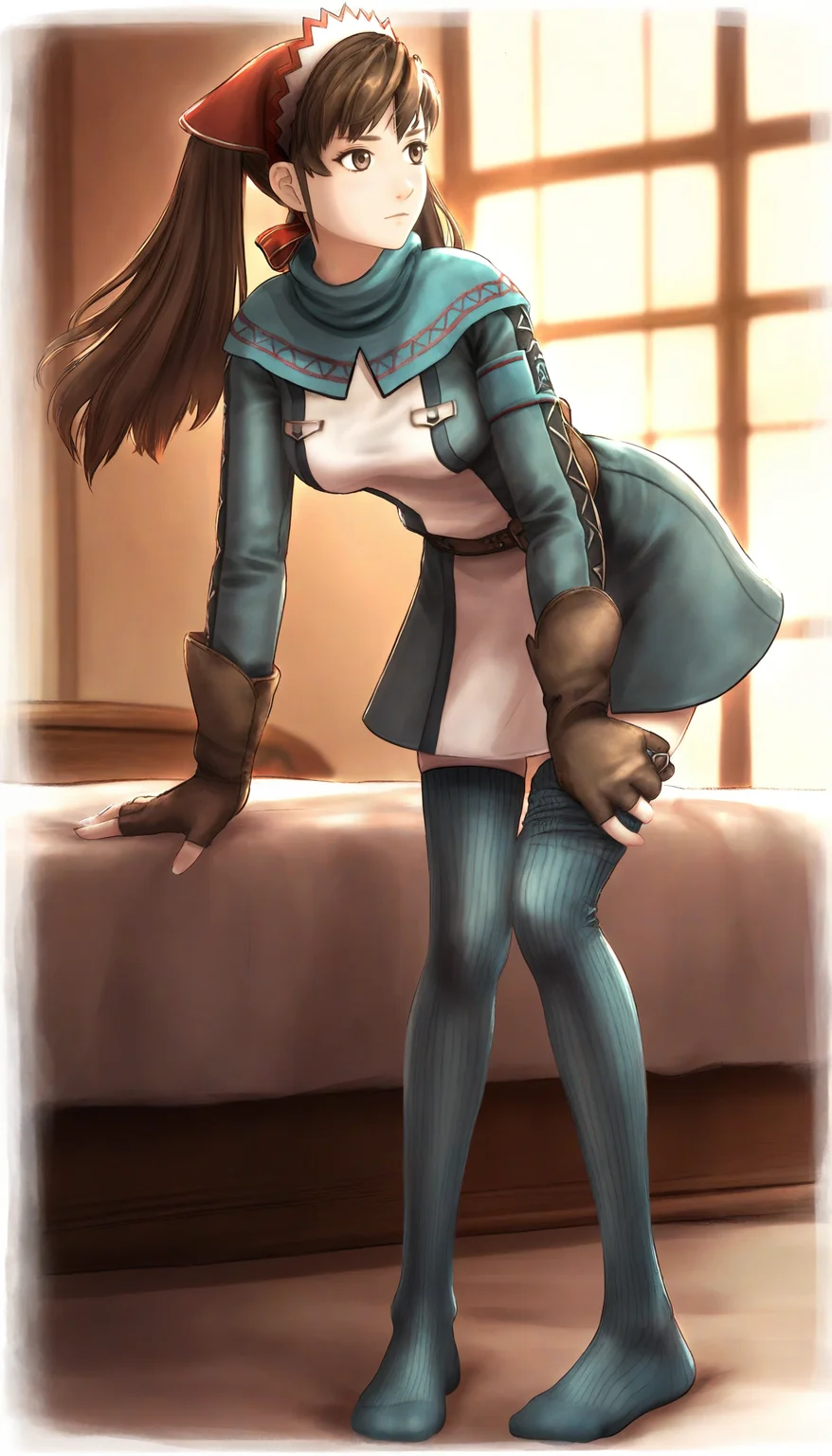 masterpiece,best quality,amazing quality,
<lora:aliciamelchiottNAI:1>,aliciamelchiott,
1girl,solo,brown hair,twintails,bangs,brown eyes,headdress,cyan shawl,cyan and white dress,brown belt,
brown fingerless gloves,
cyan thighhighs,
no shoes,
full body,standing,bent over,
looking to the side,closed mouth,
(removing thighighs:1.2),
indoors,
bed,