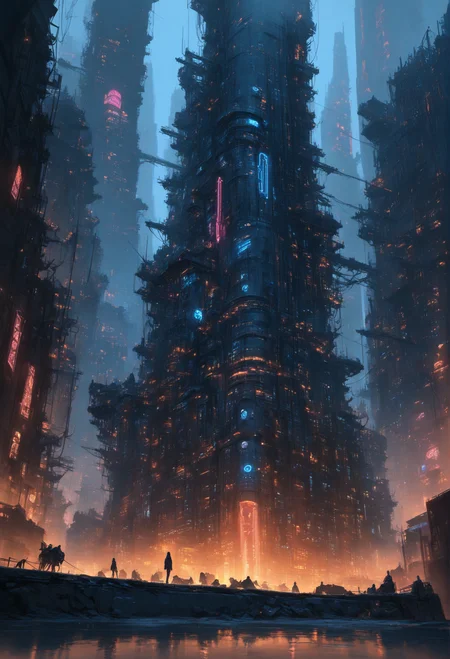 masterpiece,high score,great score,absurdres, a city with lots of tall buildings with neon lights on them at night time [15],, a picture,<lora:Beeple-Cyberpunk:1>,Beeple (artist, beeple),concept art [12], .