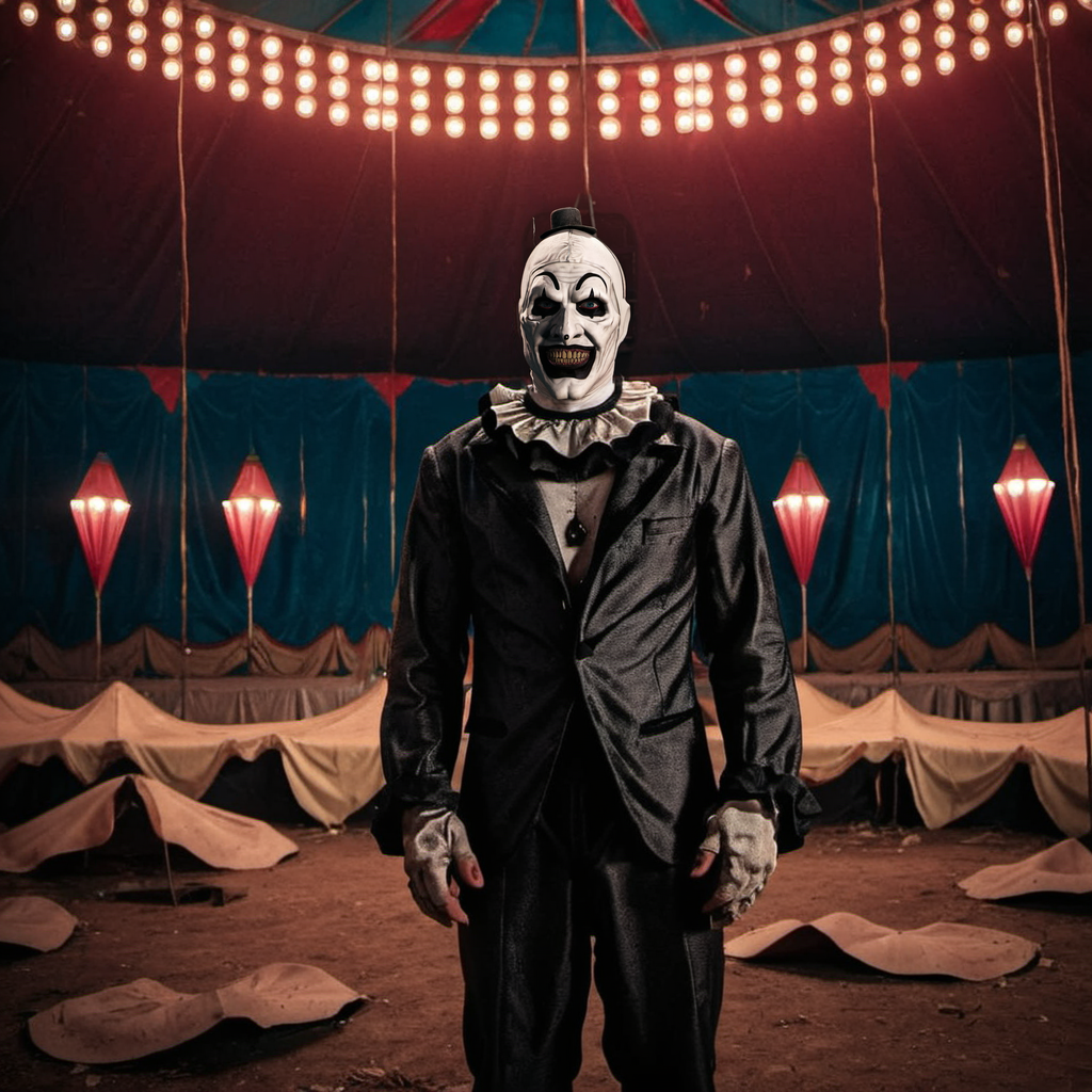 a scary man  in an abandoned scary circus <lora:Art1024:0.8>