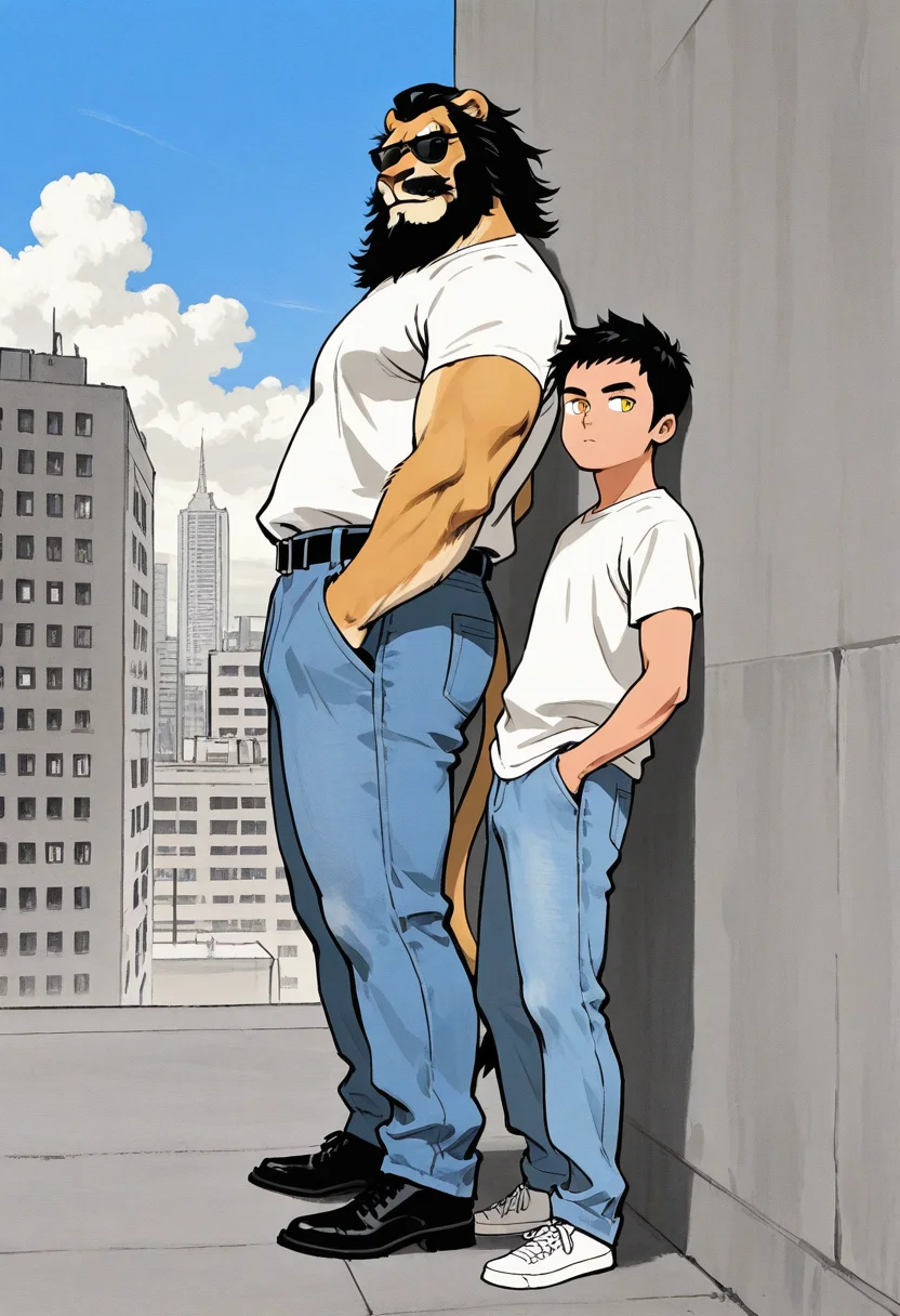 2boys, duo, age difference, furry and human, side-by-side, looking to the side,
BREAK
white shirt, jeans, hands in pockets, (sunglasses:1.3), leaning back, leaning on wall, from side, black footwear,
BREAK
lion boy, furry, tusks, yellow eyes, beard, long sideburns,
black hair, large pectorals, thick thighs, thick arms,
thick mustache, thick eyebrows, thick arms, short hair, thick thighs,
BREAK
human, 30-yo human boy, hairless boy, skinny boy, boy with black eyes,
BREAK
city, cloud, skyscraper,
BREAK
<lora:Ink_wash_painting_style_from_Doubao_AI_v1:1> dbiwpstyle, retro artstyle, traditional media,
BREAK
best quality, masterpiece, very aesthetic, absurdres, highest detailed, very awa, simple background,