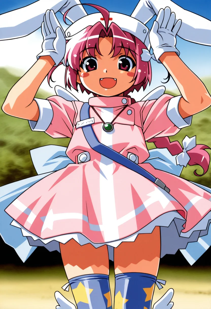 nakahara_komugi, pink hair,hat, animal ears, braid, pink eyes, ahoge, long hair, rabbit ears,
wings, star print, jewelry, star (symbol), dress, white gloves, stickers, zettai ryouiki, print thighhighs, winged footwear,
<lora:nakahara_komugi_Illustrious-XL_2.0_v1:0.8>, masterpiece,best quality,amazing quality, solo,1girl,, standing, (dynamic pose) , blush,
looking at viewer,cowboy shot,open mouth,light smile,
(outdoors, )