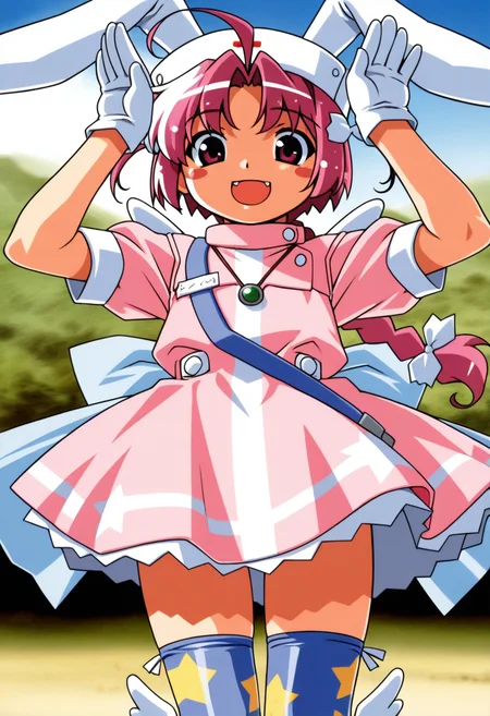 nakahara_komugi, pink hair,hat, animal ears, braid, pink eyes, ahoge, long hair, rabbit ears,
wings, star print, jewelry, star (symbol), dress, white gloves, stickers, zettai ryouiki, print thighhighs, winged footwear,
<lora:nakahara_komugi_Illustrious-XL_2.0_v1:0.8>, masterpiece,best quality,amazing quality, solo,1girl,, standing, (dynamic pose) , blush,
looking at viewer,cowboy shot,open mouth,light smile,
(outdoors, )
