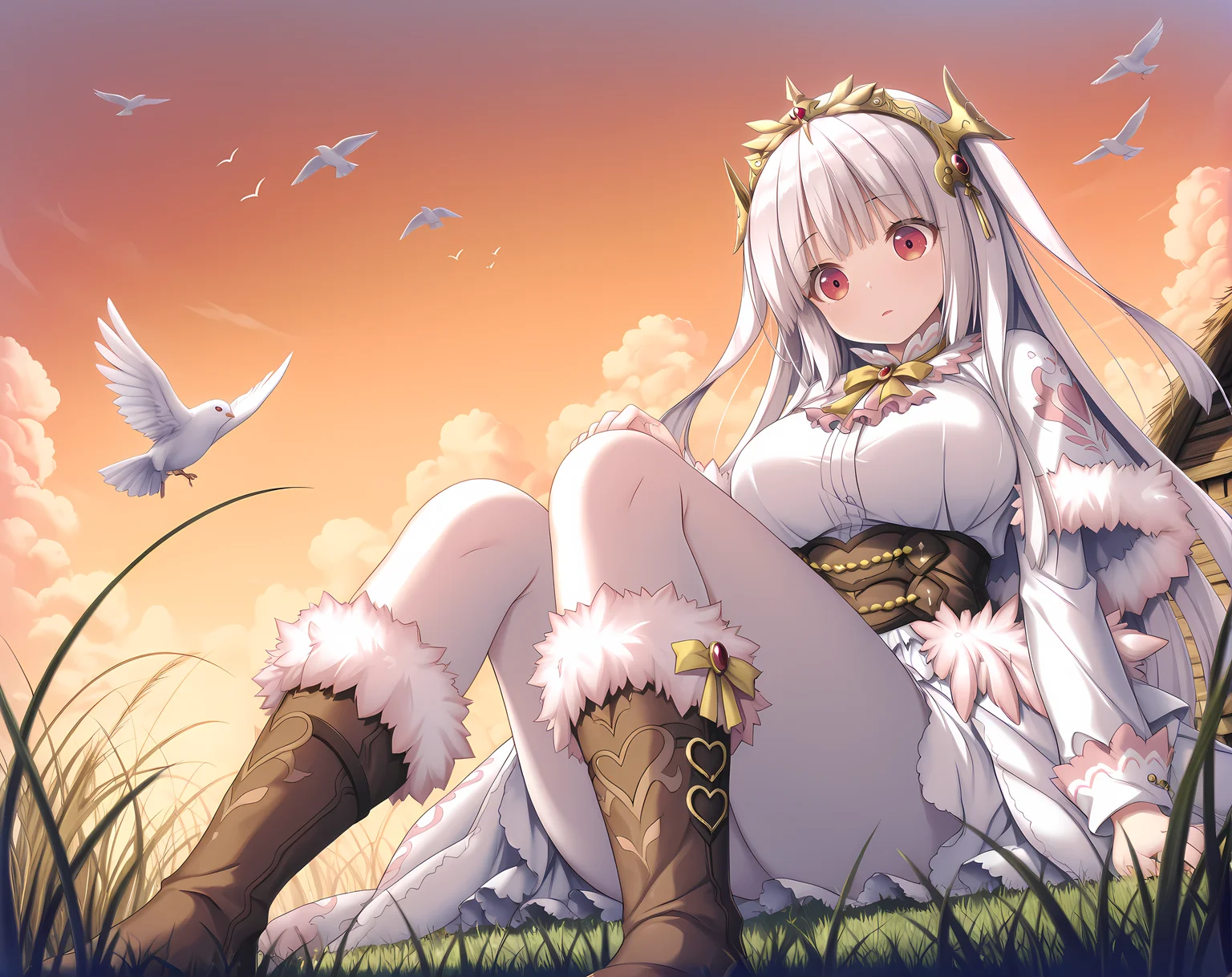 <lora:Lilica:0.8>,lilica,large breasts,white hair,long hair,bangs,red eyes,two side up,tiara,base outfit,sitting in grass,tall grass,a hut,from below,birds,gradient orange cloud,, masterpiece,best quality,amazing quality, very aesthetic, absurdres,detailed eyes,ultra-detailed,
