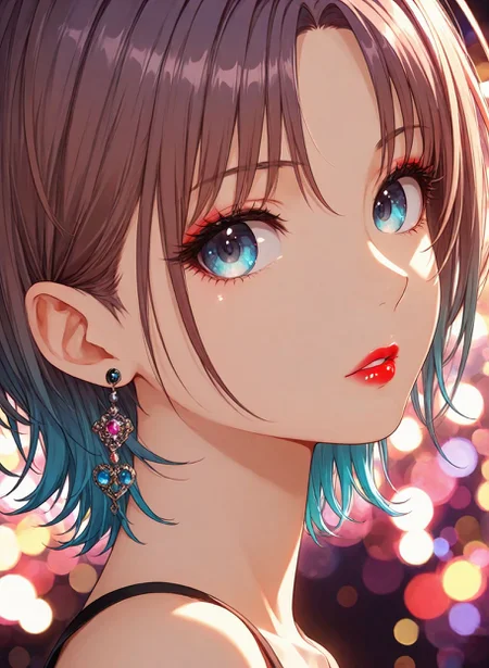 The image is a masterfully rendered anime-style digital illustration with precise linework, vivid colors, and polished shading.,
low saturation, (bokeh:1.2), blurry background, low contrast, dynamic lighting,
BREAK
1girl, solo, asakura toru, short hair, brown hair, blue hair, blue eyes, parted bangs, bangs, multicolored hair, gradient hair, parted lips, red lips, earrings, lips, lipstick, makeup,
bare shoulders, eyelashes,
BREAK
portrait, looking at viewer, jewelry, (looking to the side:1.1), lips, close-up,
<lora:Eyes_High_Definition:0.7>, eyesHD, high gradient eyes, detailed eyes, high definition eyes,