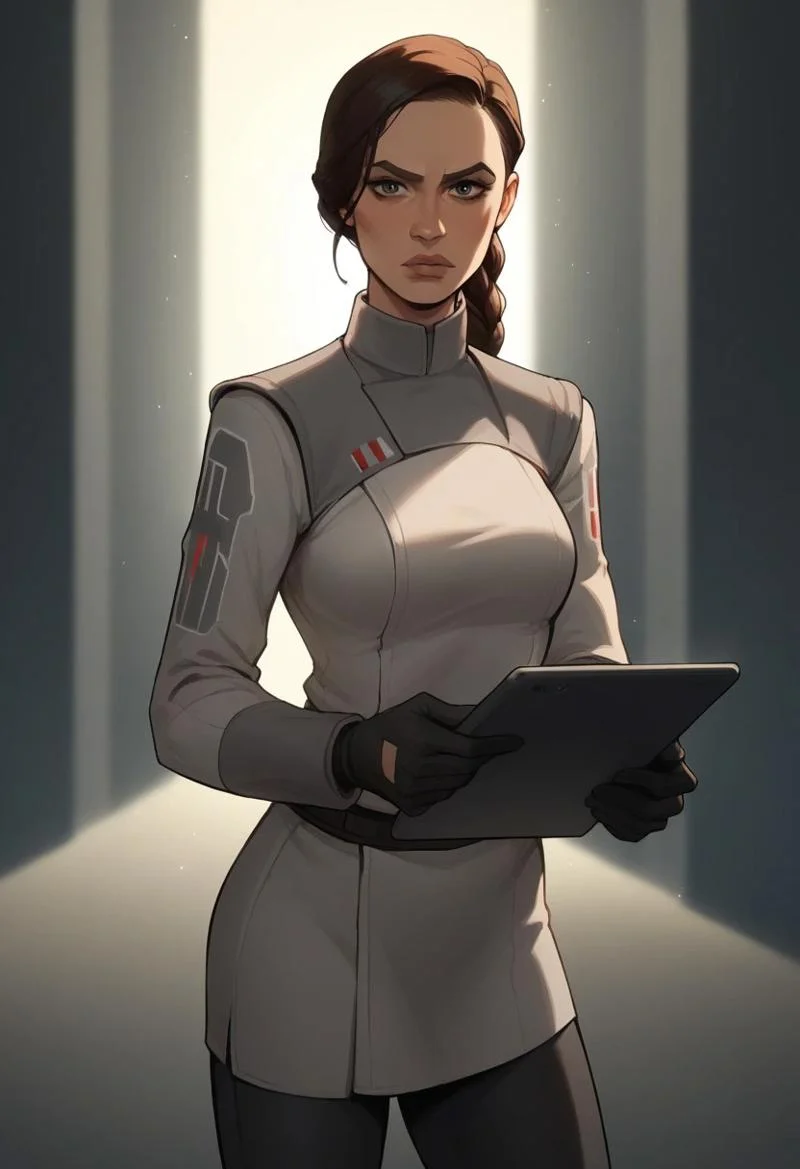 score_9, score_8_up, score_7_up, High quality, high detail, solo, perfect eyes, perfect lips, masterpiece, best quality, dynamic lighting,
emeriekarr, grey uniform, black gloves, black pants, black boots, standing at attention, looking at viewer, stern, cowboy shot, on a Star Wars city street background, bokeh background,concentrated, holding a tablet