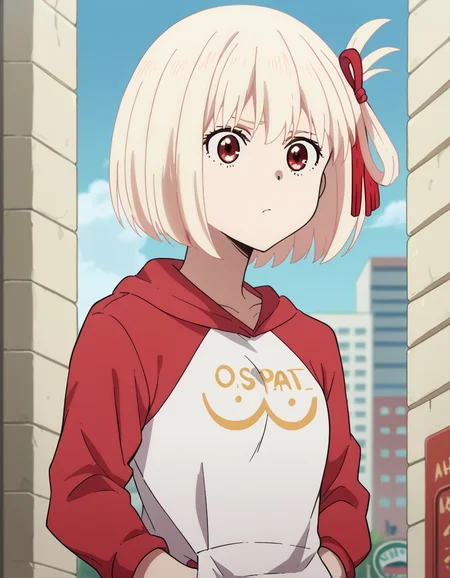 score_9, score_8_up, score_7_up, source_anime, chisatonishikigi, <lora:chisato-nishikigi-s1-ponyxl-lora-nochekaiser:1>, chisato nishikigi, short hair, bangs, blonde hair, red eyes, hair ribbon, one side up, bob cut,, <lora:oppai-hoodie-ponyxl-lora-nochekaiser:1>, oppai hoodie, hoodie, raglan sleeves, clothes writting, hands in pocket,, outdoors, street,, cowboy shot, dutch angle, solo,