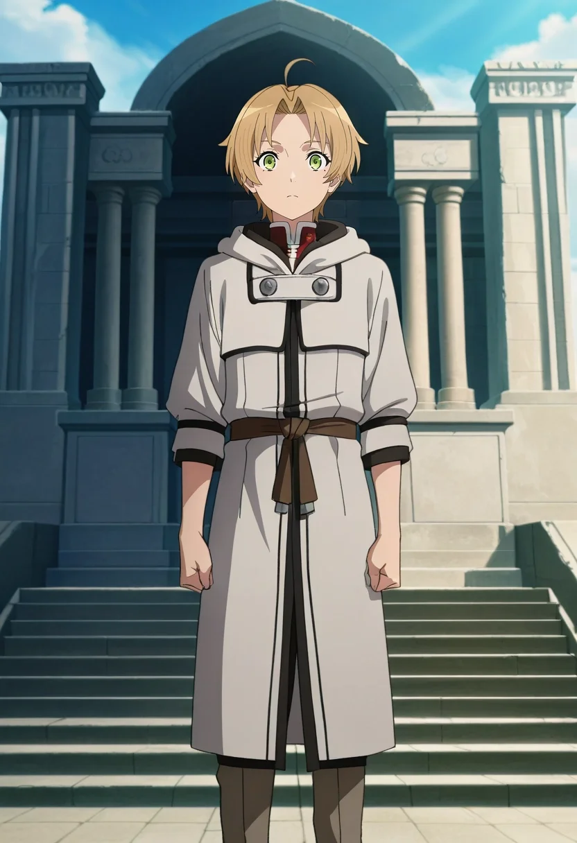 masterpiece, best quality, anime screencap, anime coloring, official style, 1boy, solo, male focus, <lora:rudeus_greyrat_ilxl:0.96>, rudeus_greyrat, blonde hair, green eyes, short hair, bangs, parted bangs, ahoge, , Acropolis of Athens, ancient ruins, Parthenon temple, standing on marble steps, focused expression, midday sun