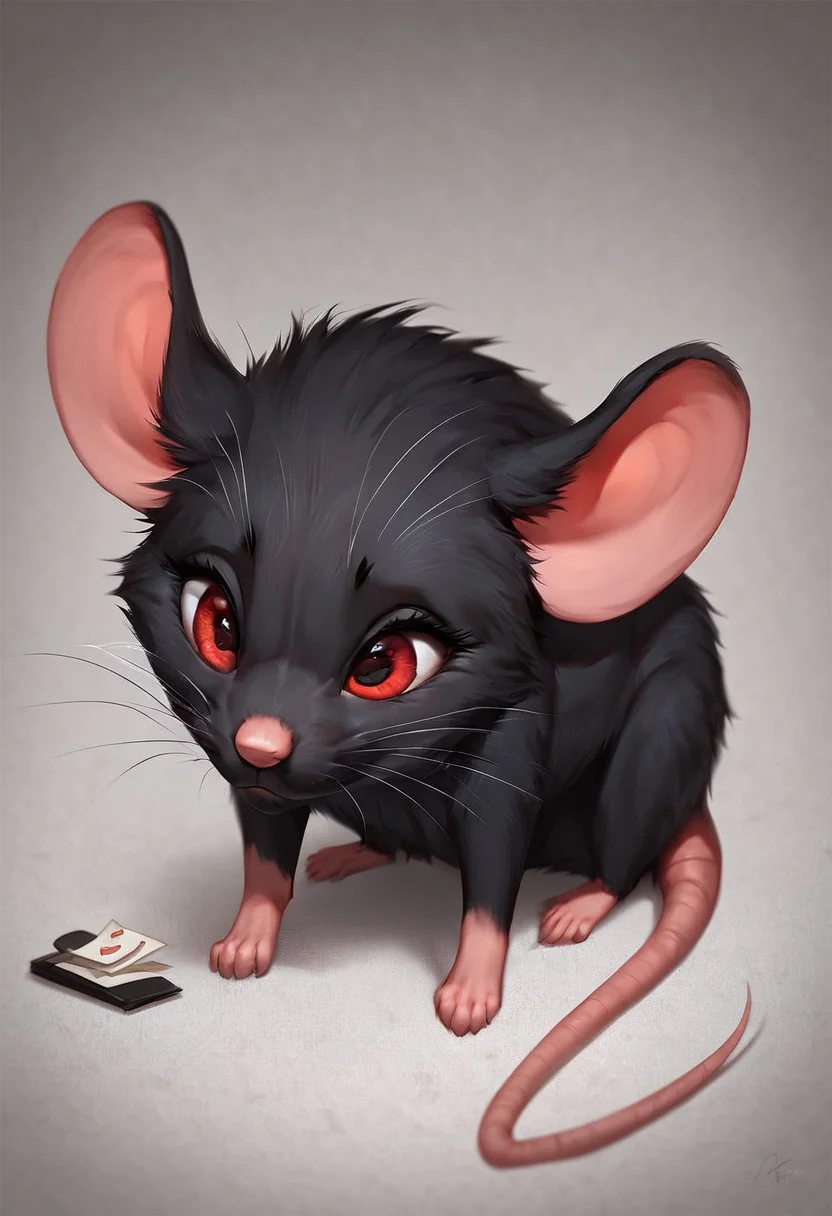 score_9, score_8, score_7, (masterpiece), best quality, expressive eyes, perfect face, fl00ffymadn3ss, (mouse, feral mouse), black fur, red eyes