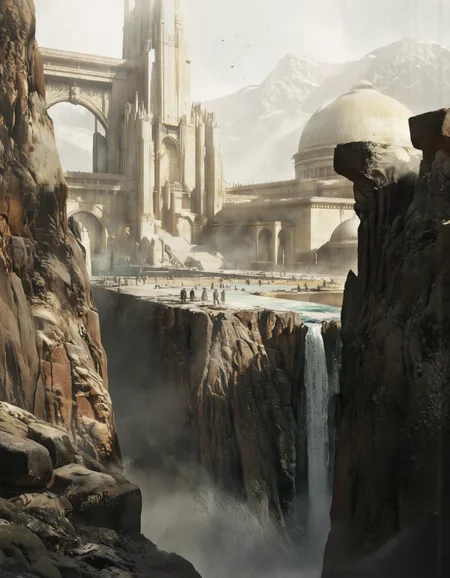 Art by Zhang Jing. A dramatic digital illustration shoot from a bird's eye view about a futuristic cityscape with a waterfall and distant mountains. the scene is set in a mountainous area with rocky terrain and a river running through it. on the left side of the image, a group of people are standing on the rocky cliffs, facing the river. they appear to be engaged in conversation, with one person holding a sword and another holding a shield. in the background, there are tall buildings with domes and arches, set against a hazy, misty sky. the overall atmosphere is dramatic and dramatic, with a focus on the cityscape and its surroundings.