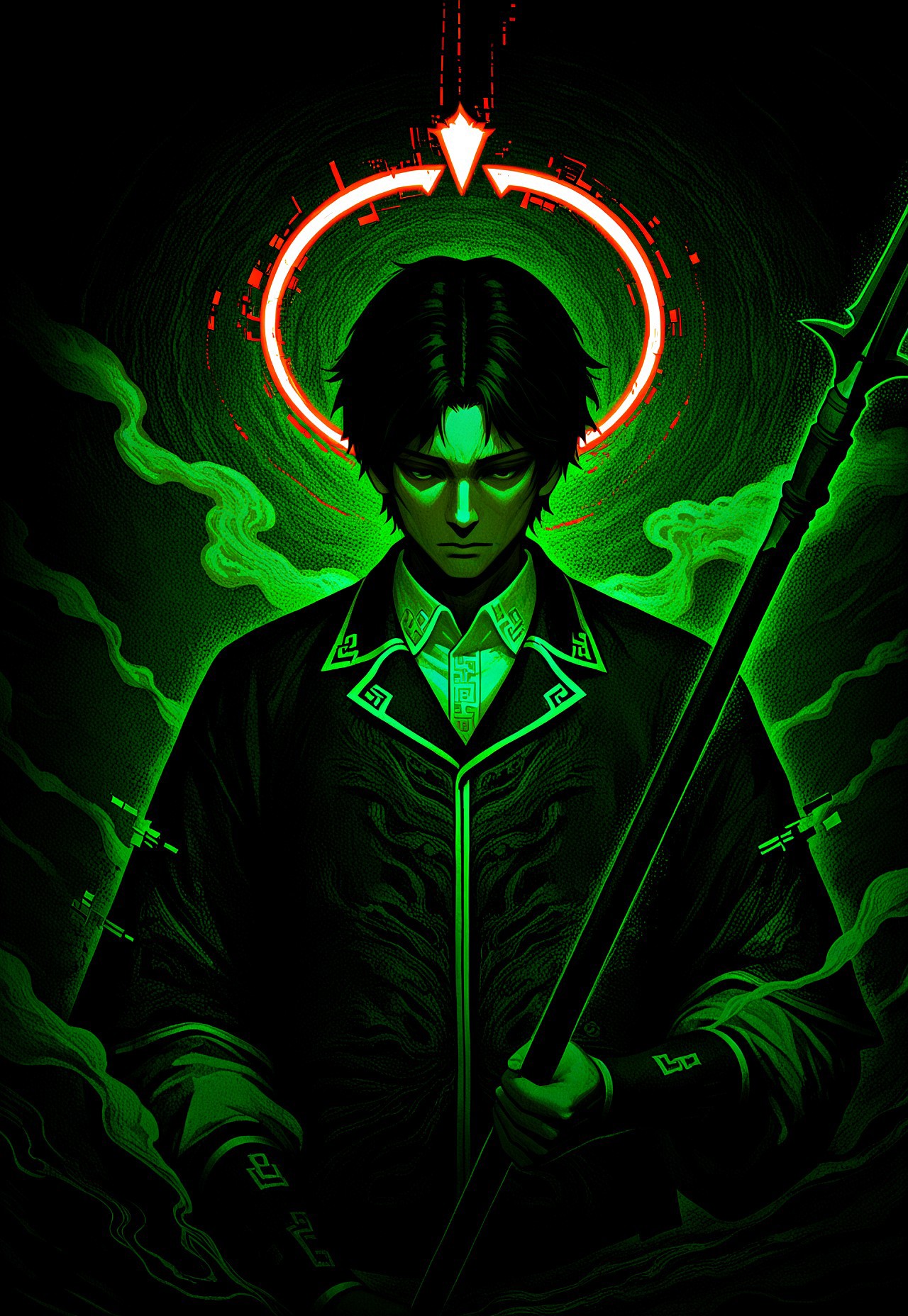masterpiece, very aesthetic, newest, high score, best quality, absurdres, End_Dynasty_Warriors_4, 1solo, 1boy, male focus, shirt, upper body, collared shirt, abstract, short hair, face halo, vapor, smoke, glitch, chinese clothing, warrior, glowing, spear, holding weapon