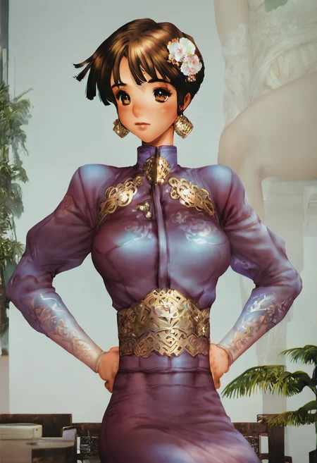 score_9, score_8_up, score_7_up, 1girl, mature_female, portrait, solo, Sitting with hands on hips, panorama, (Spring bud sarashi), medium brown hair, wide_shot, rating_safe, <lora:pony\artist_styles\masamune shirow_pony:1.2>