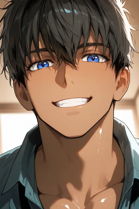 expressive cute face, 1boy, NorraVon, black hair, blue eyes, tan skin, looking at viewer, smiling, shiny skin, shirt collar, collarbone, pecs, close-up, dynamic angle, dynamic action, atmospheric perspective, intricately detailed, depth of field, masterpiece, best quality, amazing quality, very aesthetic, absurdres, newest, very awa