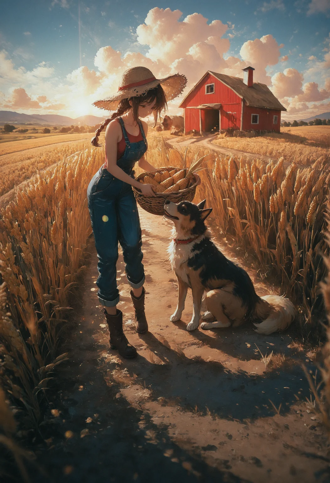 masterpiece, very awa, amazing quality, best quality, newest, highres, absurdres, 1girl, single braid, straw hat, red tank top, smile, blue overalls, brown boots, holding corn basket, looking down, corns, outdoors, farm, red barn, wheat field, dog, path, sunset, lens glare, depth of field, oil painting \(medium\), painterly, blue sky, fluffy clouds, warm sunlight, detailed background, scenery, landscape, dreamy atmosphere, nostalgic, melhanconic, focus scenery, <lora:NOOB_vp1_detailer_by_volnovik_v1:0.3> <lora:ponyv6_noobV1_2_adamW-000017:0.3> <lora:illustriousXL_stabilizer_v1.23:0.3> <lora:绪å¿_åæ¶æå¾å
影质æå¢å¼ºV3:0.45> <lora:mon_monmon2133:0.4> <lora:KonyaKarasue-000008:0.45> <lora:96YOTTEA-WAI:0.4>