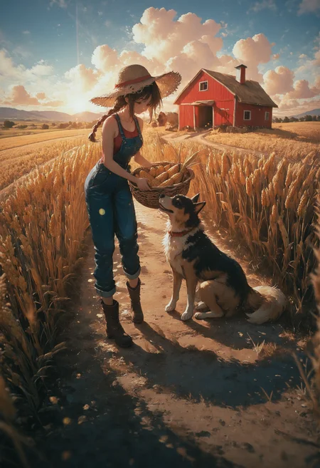masterpiece, very awa, amazing quality, best quality, newest, highres, absurdres, 1girl, single braid, straw hat, red tank top, smile, blue overalls, brown boots, holding corn basket, looking down, corns, outdoors, farm, red barn, wheat field, dog, path, sunset, lens glare, depth of field, oil painting \(medium\), painterly, blue sky, fluffy clouds, warm sunlight, detailed background, scenery, landscape, dreamy atmosphere, nostalgic, melhanconic, focus scenery, <lora:NOOB_vp1_detailer_by_volnovik_v1:0.3> <lora:ponyv6_noobV1_2_adamW-000017:0.3> <lora:illustriousXL_stabilizer_v1.23:0.3> <lora:绪å¿_åæ¶æå¾å
影质æå¢å¼ºV3:0.45> <lora:mon_monmon2133:0.4> <lora:KonyaKarasue-000008:0.45> <lora:96YOTTEA-WAI:0.4>