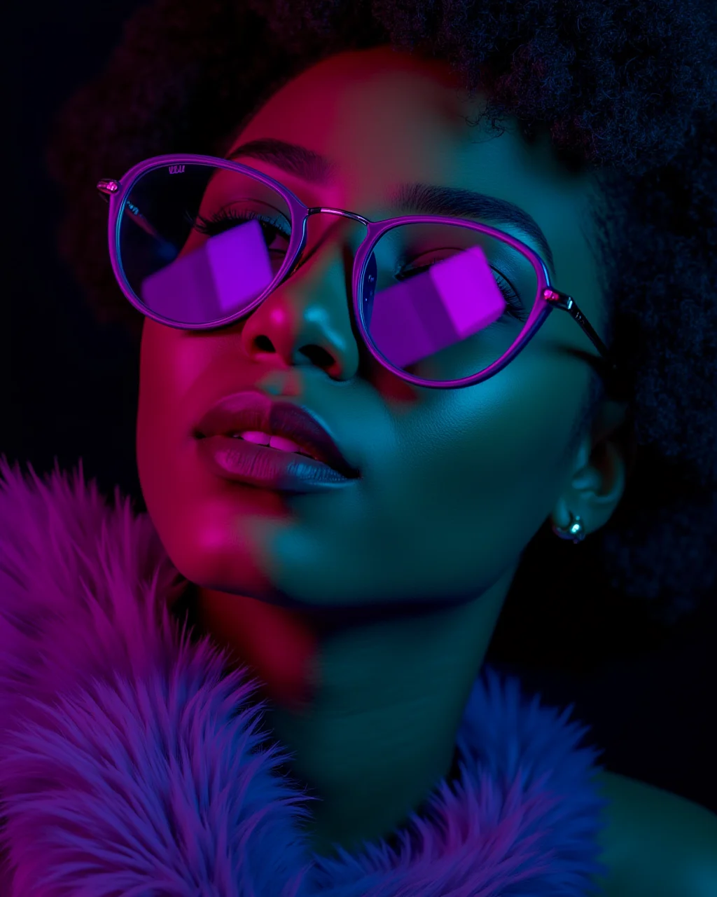 bright lights, close up portrait black woman with glasses, analog photo,photoart_style,realistic,4k, purple and Teal colored, character design,vogue, prada, versace, glamourous, fashion world, fashion, magazine shoot, fluffy style, dreamy glow, extraterrestrial, kitsch outfit,(classic portrait, Rembrandt lighting),dark background,volumetric natural light, epic atmosphere,perfect composition, highly detail, enchanted,deep rich vivid colors, perfect symmetry, great composition, complimentary colors, beautiful elegant stylish, intricate detail<lora:Flux\mine\subsurface_scattering_skin.safetensors:0.71:0.71> <lora:Flux\mine\noshine_v2.safetensors:0.4:0.4> <lora:SDXL\epiCPhotoXL.safetensors:0.5:0.5>