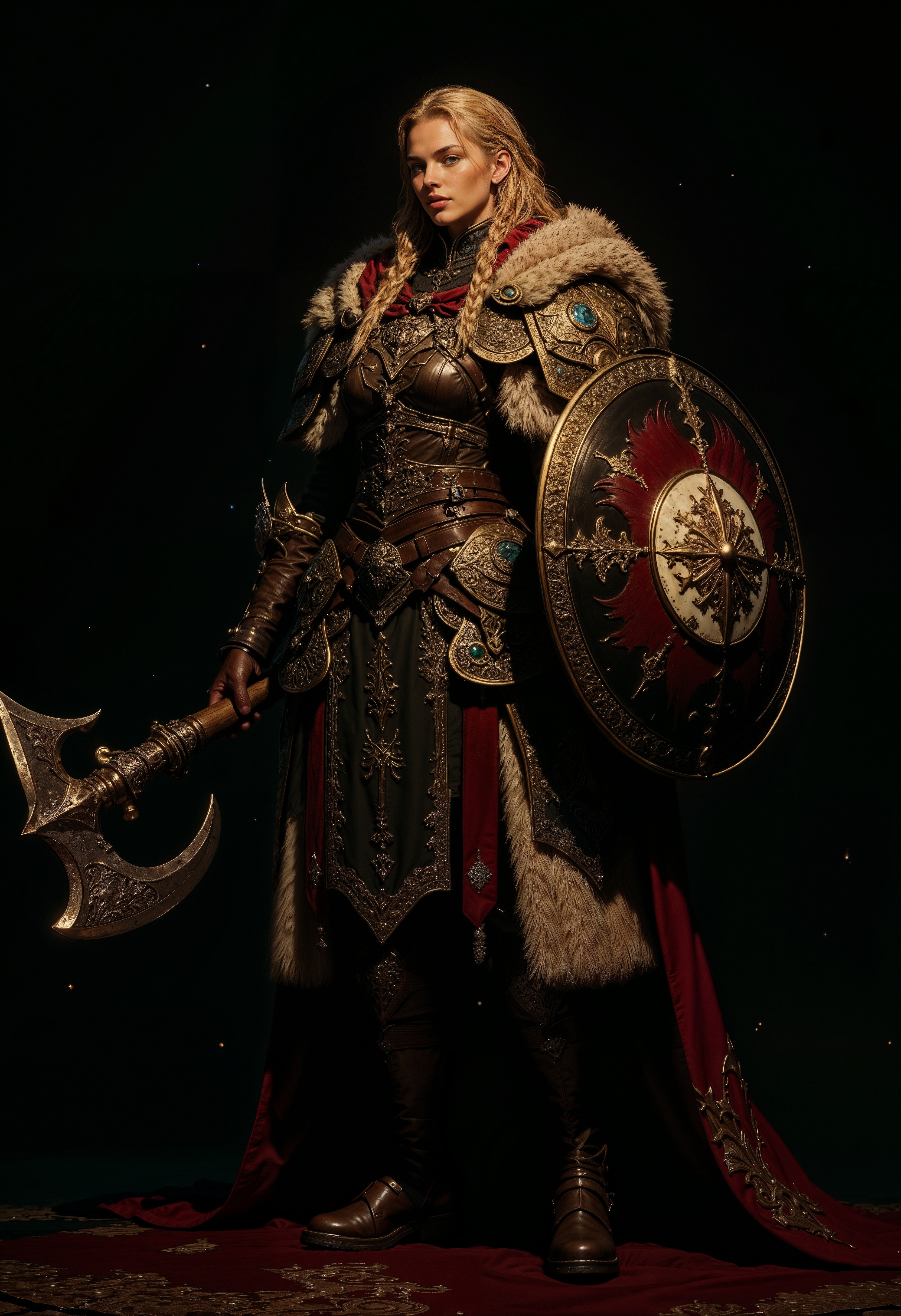 Image is a digital artwork featuring a warrior woman in a full-body portrait against a dark background. She has long blonde hair styled in braids and wears a detailed, rugged armor set with fur and leather elements. Her skin is fair, and she has a determined expression. The armor includes a metal breastplate, shoulder guards, and a fur-lined skirt. She holds a large round shield with a red and black design featuring a white emblem, and an intricately designed axe with a wooden handle. Her boots are sturdy and adorned with metal accents. The overall style is reminiscent of a fantasy or medieval theme, with a focus on strength and resilience. light particles, extremely sharp focus, unique artistic composition, (maximum ultra high definition image quality and rendering:3), maximum image detail, maximum realistic render, (((ultra realist style))), realist side lighting, , 8K high definition, realist soft lighting, (amazing special effect:3.5)
<lora:FluxMythG0thicL1nes:0.6> <lora:flux.1_lora_flyway_Epic-Characters_v1:0.6> <lora:Elden_Ring_-_Yoshitaka_Amano:0.33>