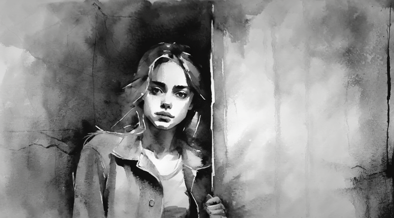 drawix22 a girl standing in the doorway of a dark room, very detailed <lora:drawix22:1>
