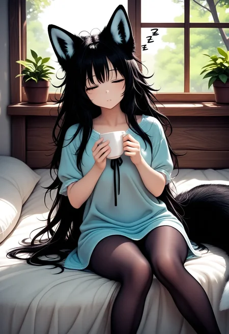 <lora:noobai_ep11_stabilizer_v0.160_fp16:0.8>1girl,fox ears,black hair,messy hair,sitting,bed,fox tail,feet out of frame,wooden window,potted plant,tree,holding cup,sleepy,zzz,dress,pantyhose,masterpiece,