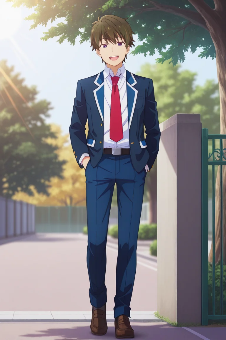 masterpiece, best quality, amazing quality,high resolution, intricate details,official style,depth of field,anime screencap, , , 1boy, solo, male focus, , , <lora:Wataru_Sajo:0.90>, wataru sajo,dark brown hair,purple eyes,short hair,smile, shirt, jacket, school uniform, white shirt, full body,blue pants, open clothes,belt,teeth, necktie,shoes, collared shirt, open jacket, :d,blazer,hand in pocket, red necktie,looking at viewer,outdoors,tree,sun,school gate