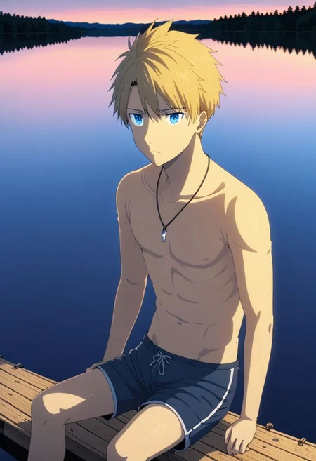high resolution, solo, best quality, 1Boy, Yamato Ishida, Blond Hair, Blue Eyes, Necklace, wooden pier, sit, natural lake, shirtless, sixpack, shorts, twilight, OverallDetail