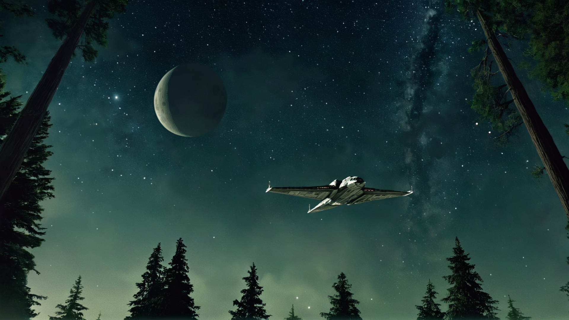 cinematic film still of  <lora:star wars style:0.2>
<lora:detailed:0.4> detailed
<lora:perfection style:0.4> perfect
<lora:PerfectEyesXL:0.5>
 <lora:Chiaroscuro Lighting Style:0.3>
 <lora:Endor:0.9>
Endor a painting of a spaceship flying over a forest,in star wars style,outdoors,sky,tree,no humans,night,moon,star (sky),night sky,scenery,starry sky,science fiction,space,planet,spacecraft, shallow depth of field, vignette, highly detailed, high budget, bokeh, cinemascope, moody, epic, gorgeous, film grain, grainy