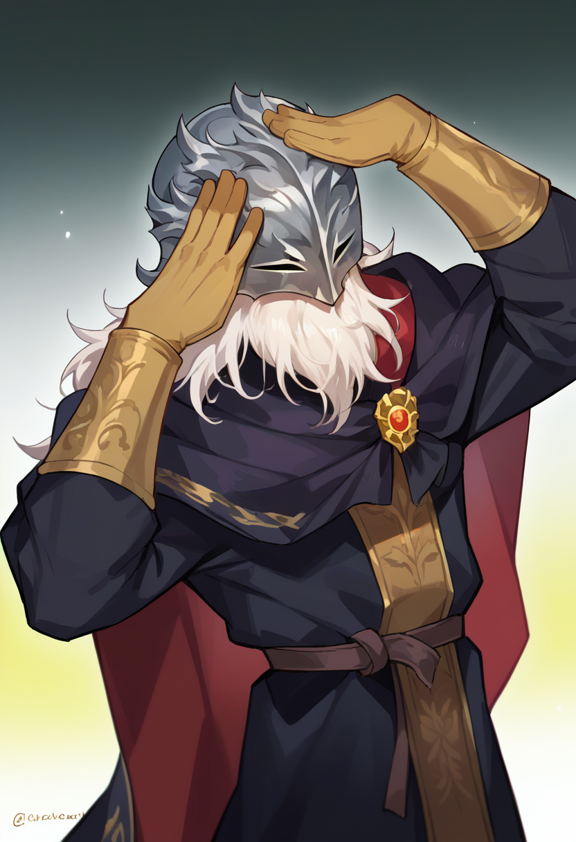 score_9, score_8_up, score_7_up, source_anime, <lora:wrenchEldenRingSirAnsbach:1>, wrnchersiransbach, helmet, mask, male focus, white hair, facial hair, beard, long hair, 
long sleeves, black capelet, black robe, cape, gloves, golden gloves, <lora:AhEtoBlehMeme_pdxl_Incrs_v1:1>, AhEtoBlehMeme, hands on own head,