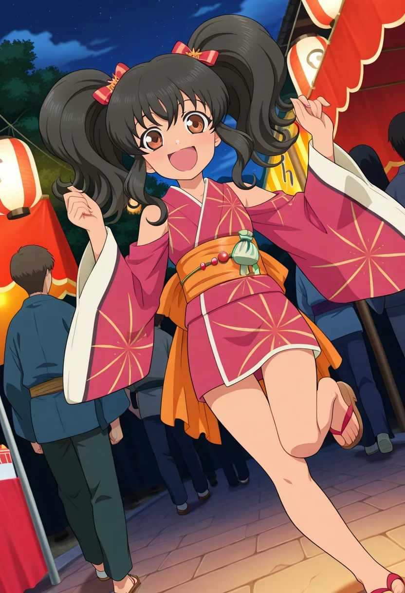 night, festival, people in background,
BREAK,
open smile, standing on one foot,
full body, dynamic angle,
BREAK,
<lora:aniseover_illustriousXL_v01:0.9>
anisernd, aniseykt, black hair, hair ribbon, brown eyes, twintails, sidelocks,
yukata, red yukata, short dress, long sleeves, bare shoulders, detached sleeves,
geta,, source_anime, very aesthetic, anime coloring, masterpiece,
best quality, amazing quality, ultra detailed, very aesthetic,
detailed background,
BREAK,