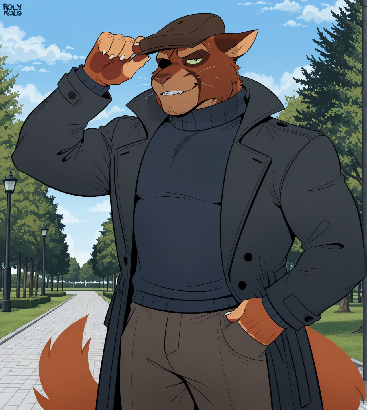 roly, jinu, (solo), anthro, furry, male, manly, viktor vasko, muscular, bara, pants, hat, black turtleneck sweater, black coat, day, park, blue sky
BREAK masterpiece, best quality, amazing quality, very aesthetic, high resolution, ultra-detailed, absurd res, newest,   <lora:ViktorVasko:1>