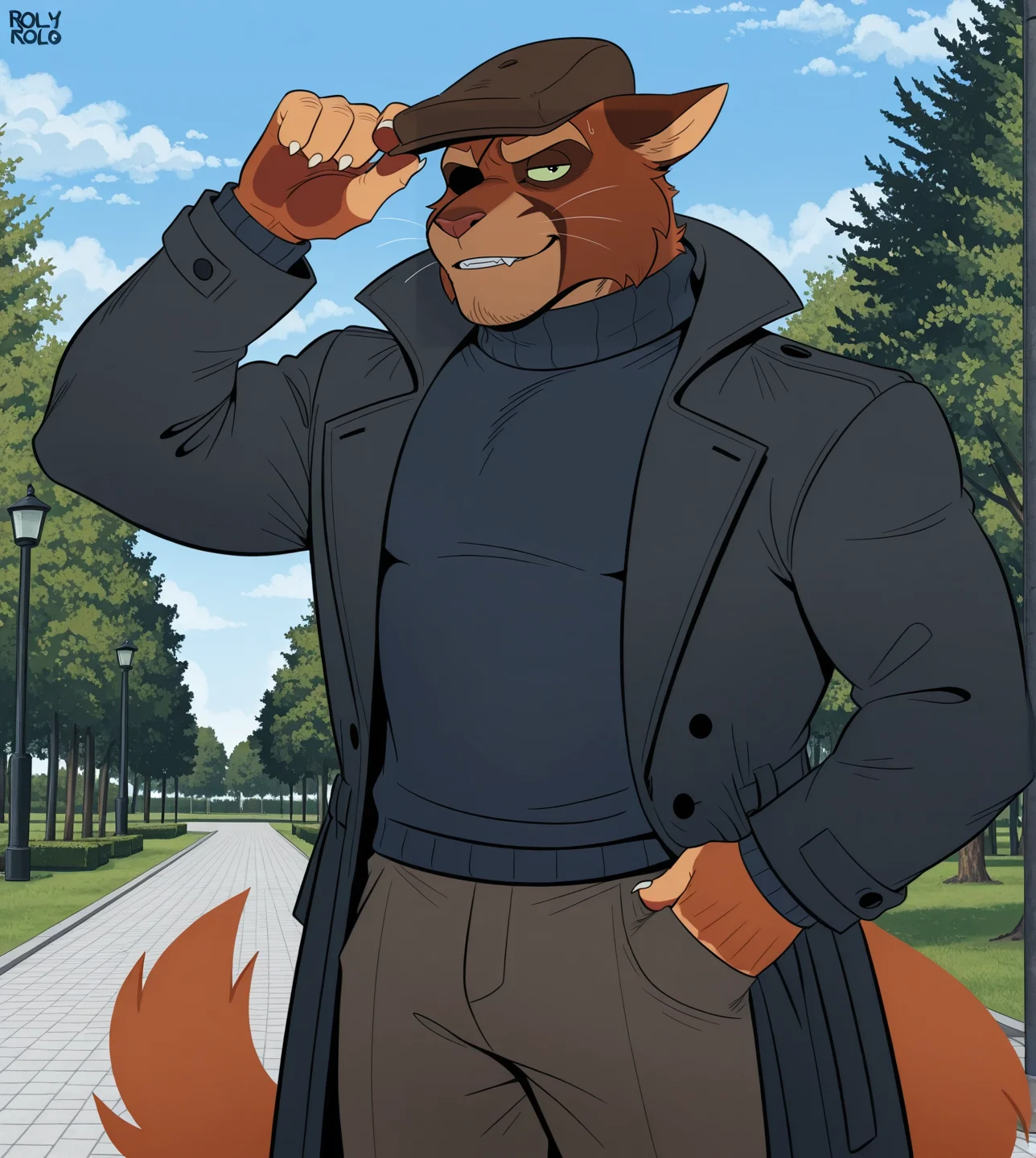 roly, jinu, (solo), anthro, furry, male, manly, viktor vasko, muscular, bara, pants, hat, black turtleneck sweater, black coat, day, park, blue sky
BREAK masterpiece, best quality, amazing quality, very aesthetic, high resolution, ultra-detailed, absurd res, newest, <lora:ViktorVasko:1>