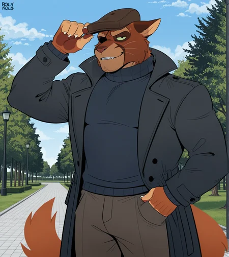 roly, jinu, (solo), anthro, furry, male, manly, viktor vasko, muscular, bara, pants, hat, black turtleneck sweater, black coat, day, park, blue sky
BREAK masterpiece, best quality, amazing quality, very aesthetic, high resolution, ultra-detailed, absurd res, newest,   <lora:ViktorVasko:1>