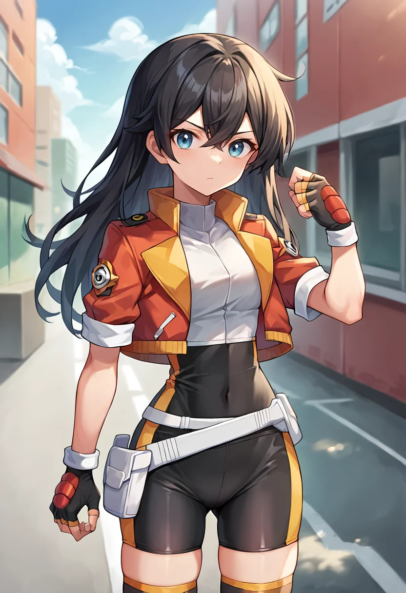 score_9, score_8_up, score_7_up, masterpiece, source_anime, 1girl, ct_s0lana, black hair, blue eyes, long hair, cropped jacket, white shirt, bike shorts, white belt pouch, black thighhighs, fingerless gloves, skin tight, looking at viewer, outdoors, depth of field, city, sunny, cowboy shot,<lora:Solana_Clothing_Pony_ct:1>,   ,