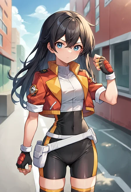 score_9, score_8_up, score_7_up, masterpiece, source_anime, 1girl, ct_s0lana, black hair, blue eyes, long hair, cropped jacket, white shirt, bike shorts, white belt pouch, black thighhighs, fingerless gloves, skin tight, looking at viewer, outdoors, depth of field, city, sunny, cowboy shot,<lora:Solana_Clothing_Pony_ct:1>, ,